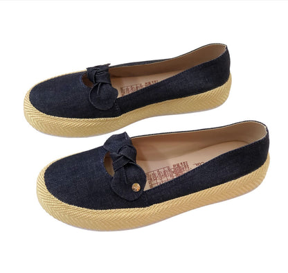 Ladies Jean Fabric Loafer Shoes with Bow