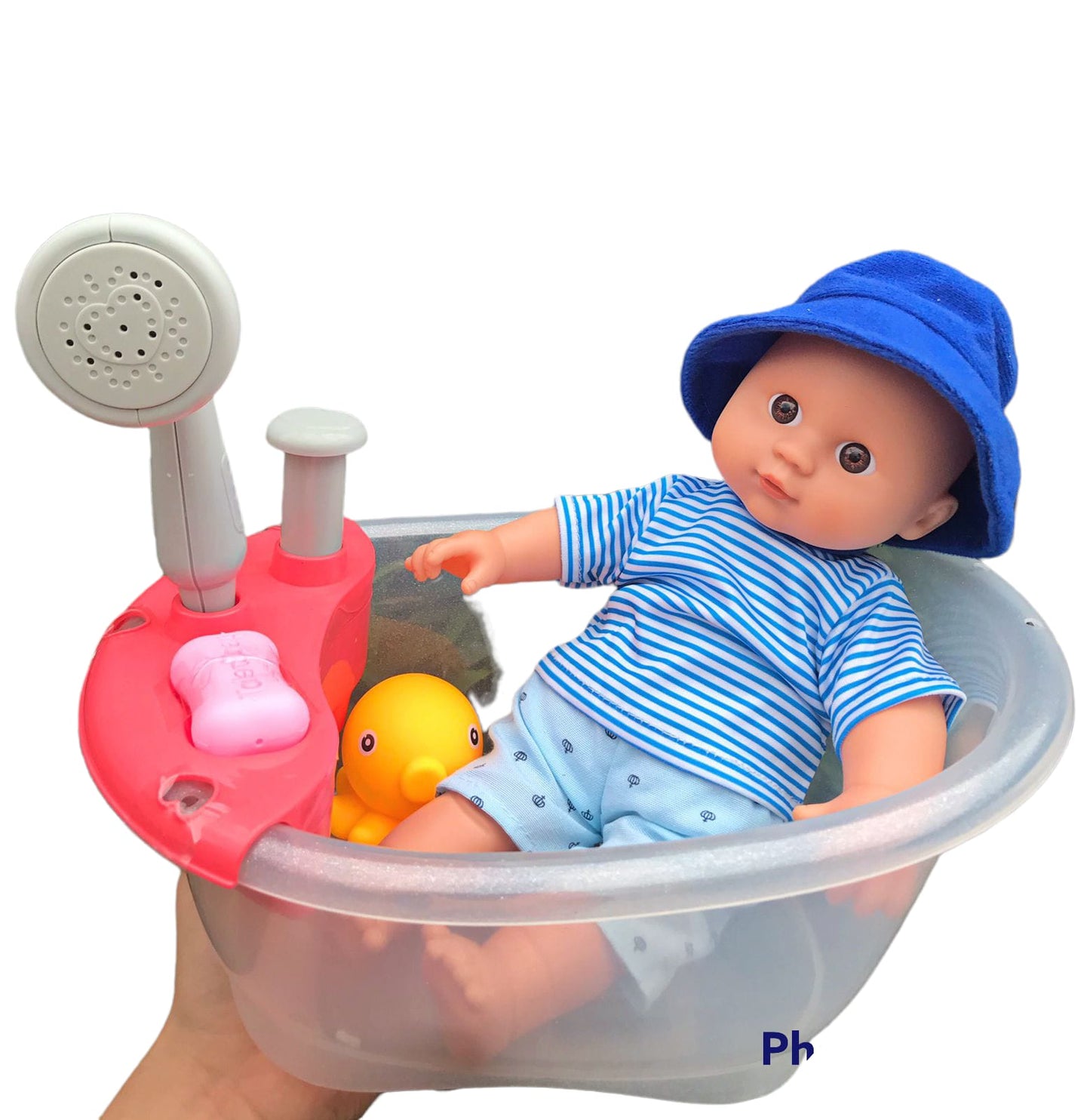 Baby with mini electric bathtub