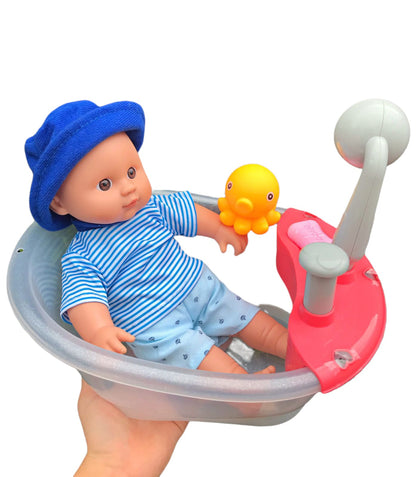 Baby with mini electric bathtub