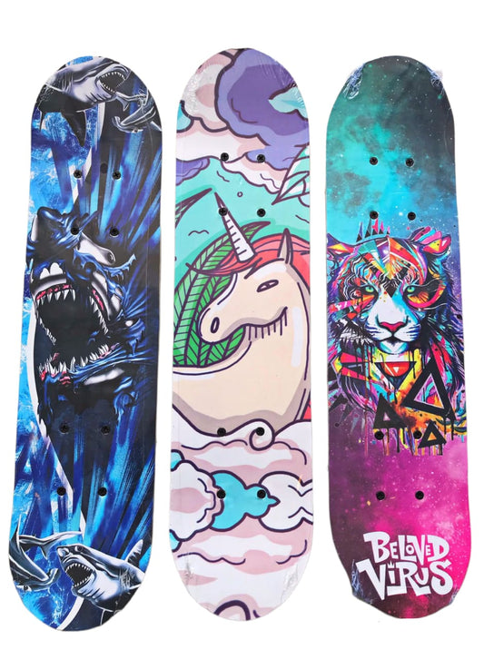 Wooden skateboards with designs measuring 58cm long