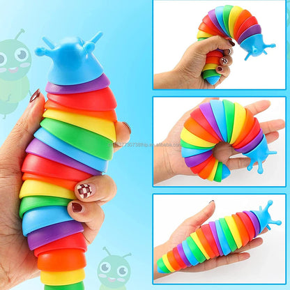 3D Rainbow Worm Slug Fidget Toy Flexible Jointed Sensory Anti-Anxiety Relief 