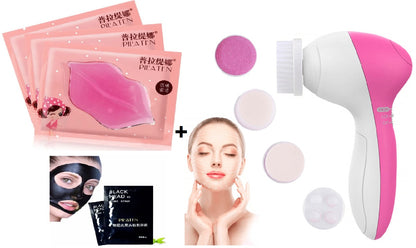 Facial Combo, 2 Mask Sachets + 2 Lip Collagen Sachets + 5 in 1 Facial Massager