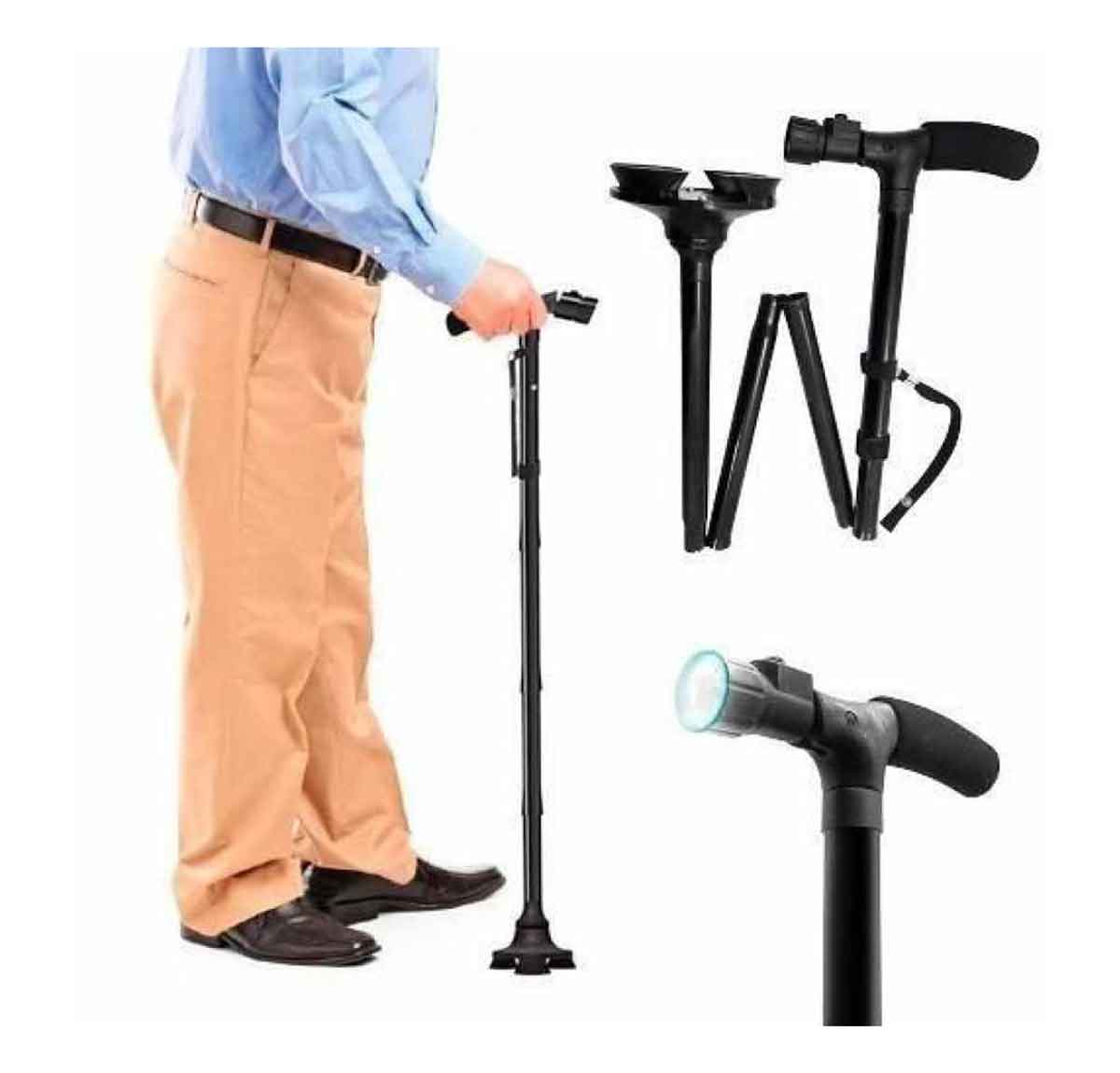 Adjustable walking stick with flashlight