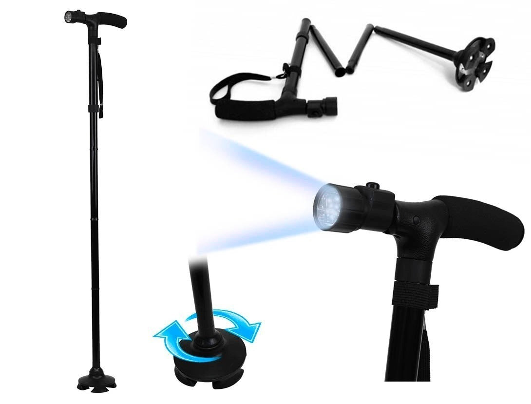 Adjustable walking stick with flashlight